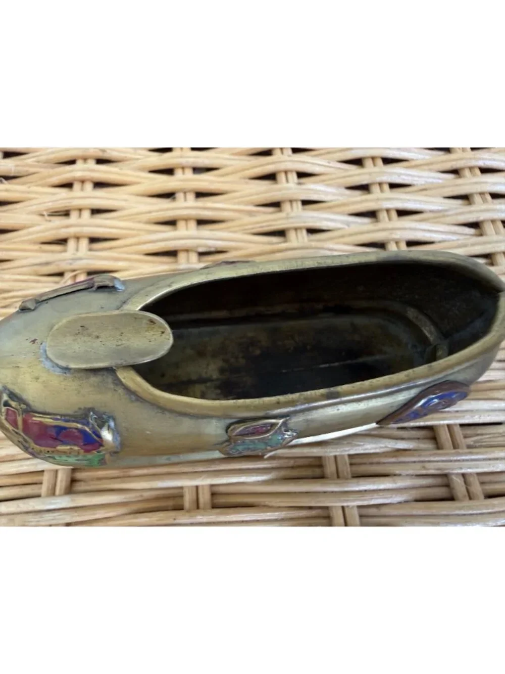 Vintage 1930s Chinese Slipper Shoe AshTray Pottery & brass with enamel